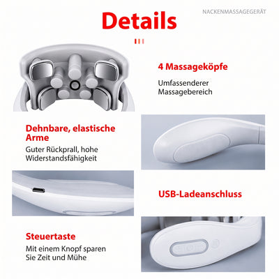 Details zum Nackenmassagegerät mit vier Massageköpfen, flexiblen Armen, USB-Ladeanschluss und einfacher Tastensteuerung.