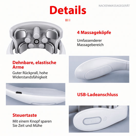 Details zum Nackenmassagegerät mit vier Massageköpfen, flexiblen Armen, USB-Ladeanschluss und einfacher Tastensteuerung.
