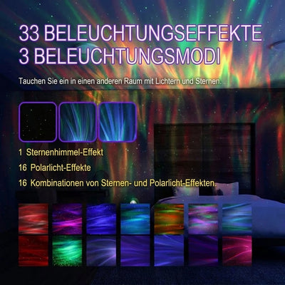 Nordlichtprojektor mit 33 Lichteffekten und 3 Beleuchtungsmodi für eine stimmungsvolle Atmosphäre im Schlafzimmer.