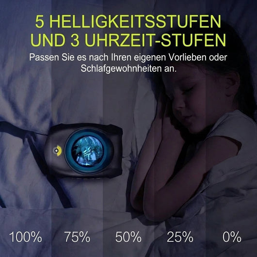 Nordlichtprojektor mit fünf Helligkeitsstufen und drei Timer-Einstellungen für eine individuelle Schlafatmosphäre.