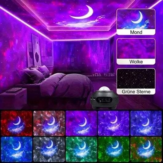 Nordlichtprojektor mit Bluetooth-Lautsprecher zeigt verschiedene Lichteffekte mit Mond, Wolken und grünen Sternen