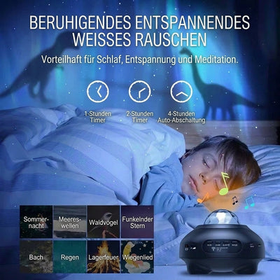 Ein schlafendes Kind unter einer Sternenprojektion mit einer Auswahl an beruhigenden Naturgeräuschen und Timer-Funktionen.