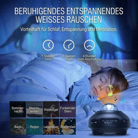 Ein schlafendes Kind unter einer Sternenprojektion mit einer Auswahl an beruhigenden Naturgeräuschen und Timer-Funktionen.