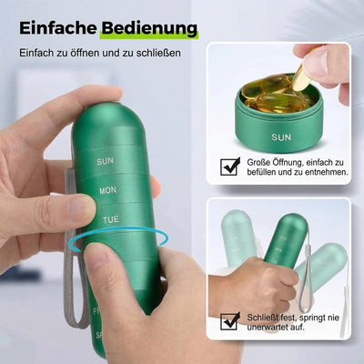 Pillenorganizer aus Aluminium mit 7 stapelbaren Fächern, ideal für Reisen und Outdoor-Aktivitäten.