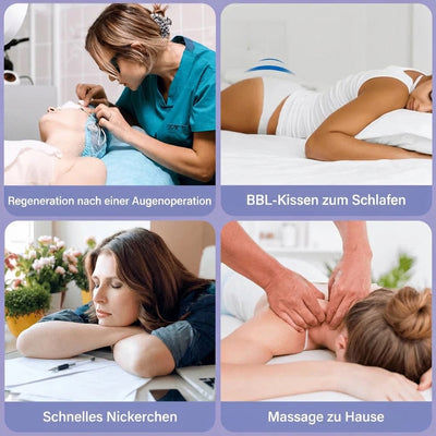 Vier Anwendungsbeispiele für ein ergonomisches Kissen, von Augenoperation-Regeneration bis hin zu Massage und Schlaf.