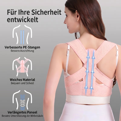 Atmungsaktiver Rückenhaltungskorrektor mit verstellbaren Trägern und stützenden Elementen für eine aufrechte Haltung.