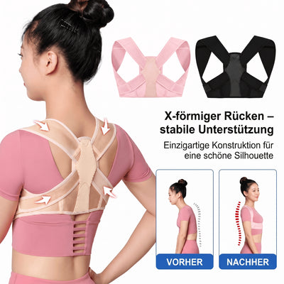 Rückenhaltungskorrektor mit X-förmigem Design zur Verbesserung der Körperhaltung, gezeigt an einer Frau vor und nach der Anwendung