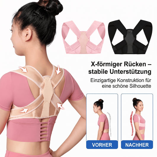 Rückenhaltungskorrektor mit X-förmigem Design zur Verbesserung der Körperhaltung, gezeigt an einer Frau vor und nach der Anwendung