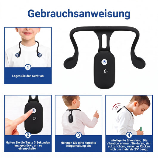 Anleitung für den Rückenhaltungskorrektor mit Vibrationsalarm: Gerät anlegen, einschalten und auf korrekte Haltung achten.