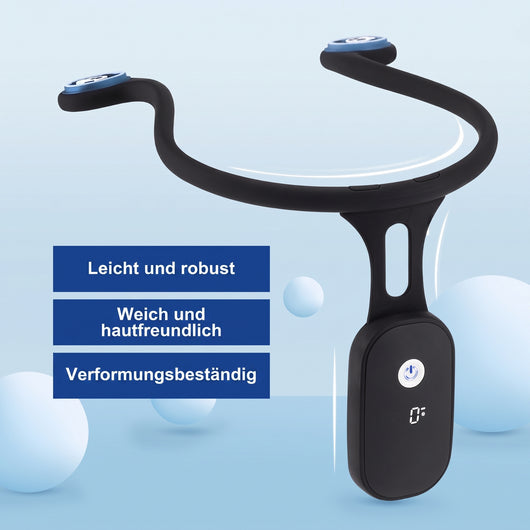 Rückenhaltungskorrektor mit drei Produktmerkmalen in polnischer Sprache auf blauem Hintergrund