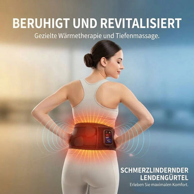 Frau trägt ein Rückenmassagegerät mit Wärmefunktion und Vibrationsmassage im Lendenbereich für maximalen Komfort.