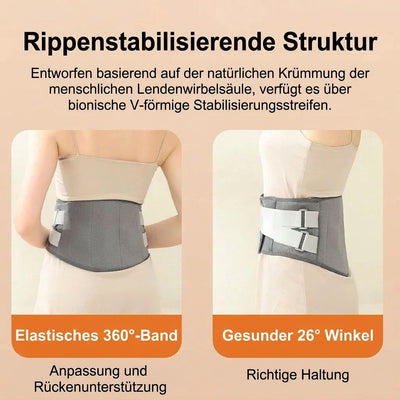 Rückenstützgürtel mit bionischen V-förmigen Stabilisierungsbändern für eine gesunde Körperhaltung und Lendenwirbelstütze.