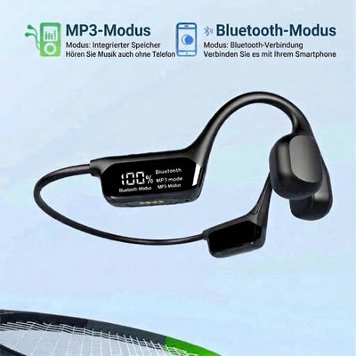 Knochenleitungskopfhörer mit Anzeige für Bluetooth- und MP3-Modus sowie Akkustand
