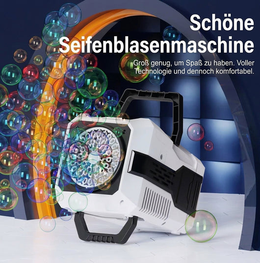 Seifenblasenmaschine für Hochzeiten mit Fernbedienung, 30.000 Blasen pro Minute, RGB-Lichteffekt und wasserdichtem Gehäuse.