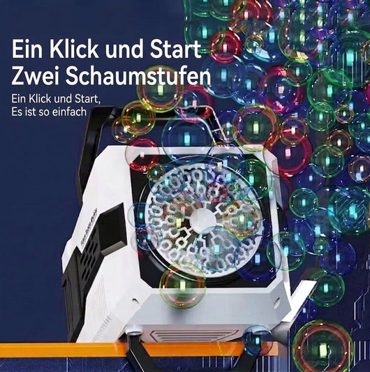 Seifenblasenmaschine mit vielen bunten Seifenblasen und Text über die einfache Bedienung und zwei Schaumstufen.