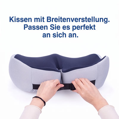 Hände justieren den verstellbaren Gurt eines ergonomischen Sitzkissens aus Memory-Schaum.