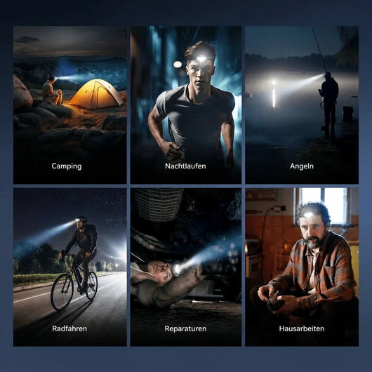 Sechs Anwendungsbeispiele für die LED-Stirnlampe: Camping, Joggen, Angeln, Radfahren, Reparaturen und Heimarbeit.