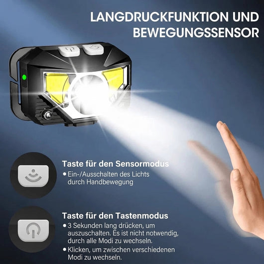 Stirnlampe mit Bewegungssensor und Tastenbedienung zur Steuerung der Lichtmodi durch Handbewegungen oder Tastendruck.