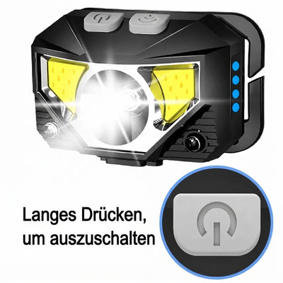 Stirnlampe mit Detailansicht der Ein-Aus-Taste und Hinweis zum langen Drücken zum Ausschalten