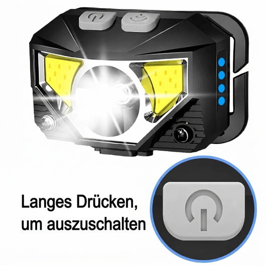 Stirnlampe mit Detailansicht der Ein-Aus-Taste und Hinweis zum langen Drücken zum Ausschalten