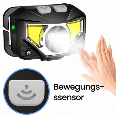 Stirnlampe mit Bewegungssensor, die durch eine Handbewegung aktiviert wird.
