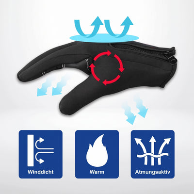 Schwarzer Thermohandschuh mit Symbolen für winddichte, warme und atmungsaktive Eigenschaften