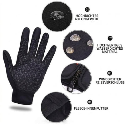 Thermohandschuhe mit Detailansichten von wasserabweisendem Nylongewebe, Reißverschluss und warmem Innenfutter aus Fleece.