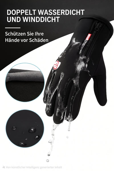 Ein schwarzer Thermohandschuh wird mit Wasser übergossen, um die wasserabweisende Oberfläche zu demonstrieren.