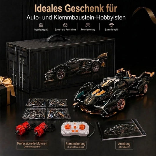 V12 Modellauto-Bausatz mit Fernsteuerung, Motoren, Bauanleitung und schwarzer Aufbewahrungsbox.