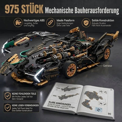 Technik-Modellauto aus 975 Teilen mit detaillierter Bauanleitung und Fokus auf hochwertige ABS-Bausteine