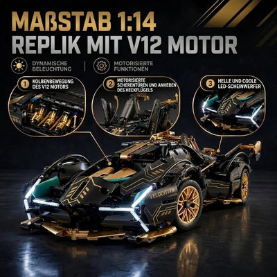 Schwarzes V12 Modellauto im Maßstab 1:14 mit motorisierten Scherentüren, beweglichen Kolben und LED-Scheinwerfern.