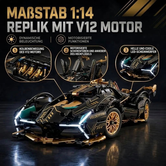 Schwarzes V12 Modellauto im Maßstab 1:14 mit motorisierten Scherentüren, beweglichen Kolben und LED-Scheinwerfern.