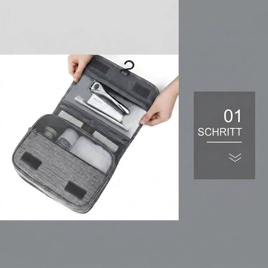 Offene, graue Kosmetiktasche zum Aufhängen mit verschiedenen Fächern für Reiseutensilien, Schritt 1 der Anleitung.