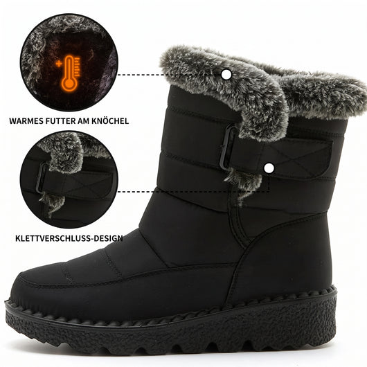 Schwarzer Damen-Schneestiefel mit warmem Fellfutter, Klettverschluss und rutschfester Sohle für den Winter