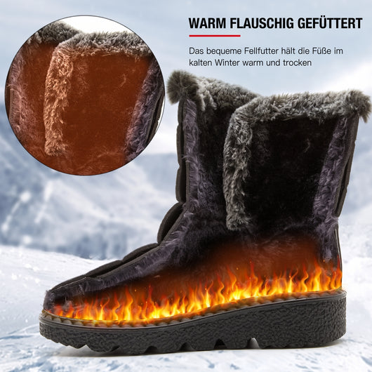 Damen Schneestiefel mit warmem Fellfutter und Flammen-Grafik, die Wärme im Winter symbolisiert.