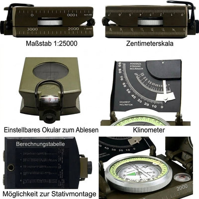 Detailansichten eines militärischen Kompasses mit Skalen, Neigungsmesser und Stativhalterung.