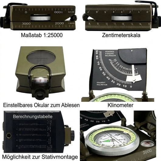 Detailansichten eines militärischen Kompasses mit Skalen, Neigungsmesser und Stativhalterung.