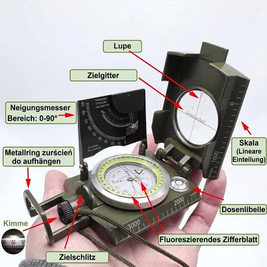 Ein Militärkompass mit detaillierten Beschriftungen der verschiedenen Funktionen wie Skala, Visier und Libelle.