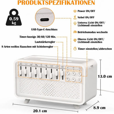 Produktspezifikationen des Weißrauschgenerators mit Luftbefeuchter, Aromadiffusor, Nachtlicht und Timer-Einstellungen.