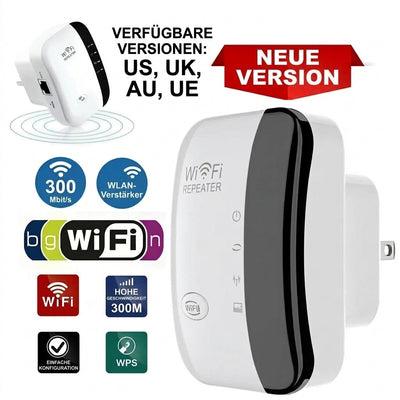Ein weißer WLAN-Repeater mit verschiedenen technischen Symbolen und polnischen Beschriftungen zur Konfiguration.
