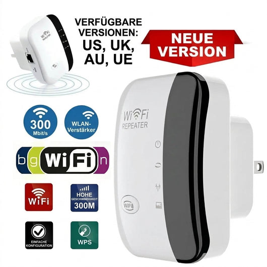 Ein weißer WLAN-Repeater mit verschiedenen technischen Symbolen und polnischen Beschriftungen zur Konfiguration.