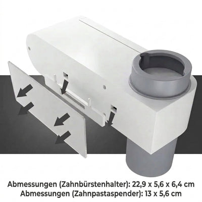 Grafische Darstellung der Maße für den Zahnbürstenhalter und den Zahnpastenspender zur Wandmontage.