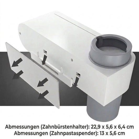 Grafische Darstellung der Maße für den Zahnbürstenhalter und den Zahnpastenspender zur Wandmontage.