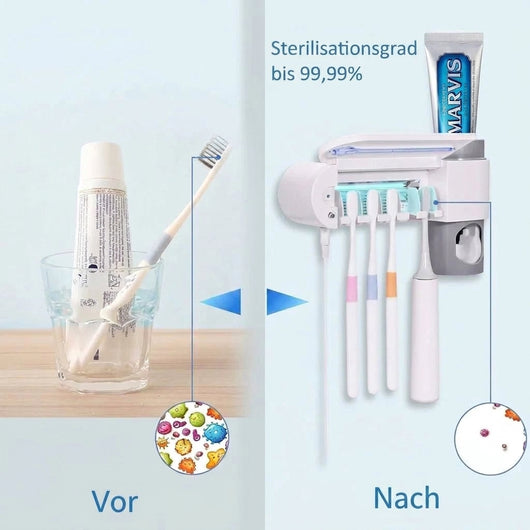 Vergleichsbild eines Zahnbürstenhalters mit UV-Sterilisator, das die Keimreduktion vor und nach der Anwendung zeigt.