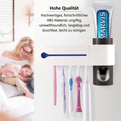 Wandmontierter Zahnbürstenhalter mit UV-Sterilisator und Zahnpastaspender für fünf Zahnbürsten